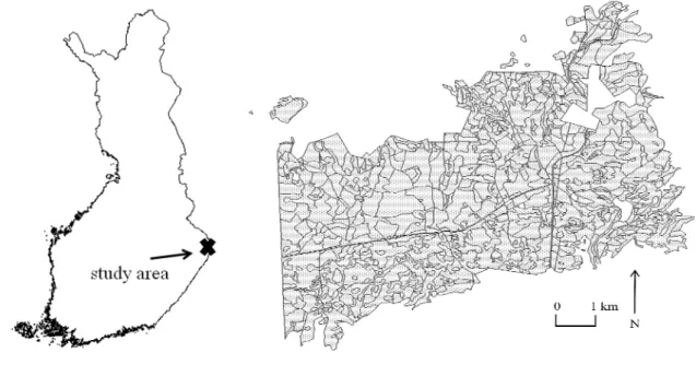 Figure 1. Location (left) and map with forest compartments (right) of the study area in  Ilomantsi district