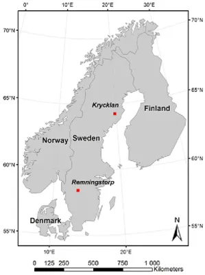 Figure 1. Map of Sweden showing the location of the two test sites of Remningstorp and Krycklan