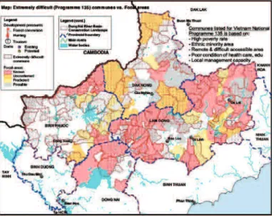Figure 1.2 The mapping of poor communes outlined under Program  135 and conservation focal areas delineated under the biodiversity  assessments helped identify the two initial pilot PFES areas.