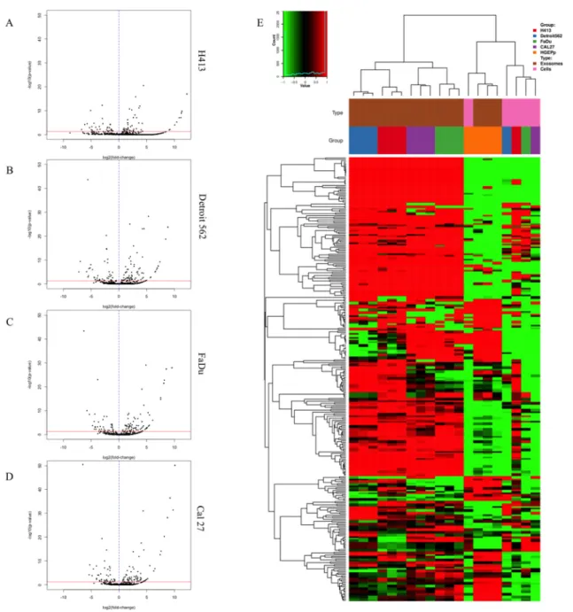 Figure 3: Secretion patterns of exosomal miRNA for head and neck squamous cell carcinoma (HNSCC) cell lines and  primary non-pathologic oral epithelial control cells