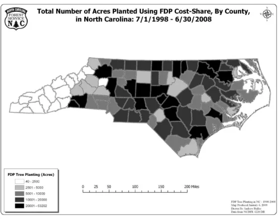 Figure 10: Total Number of Acres Planted Using FDP Cost-Share, by County, in North Carolina (1998-2008)