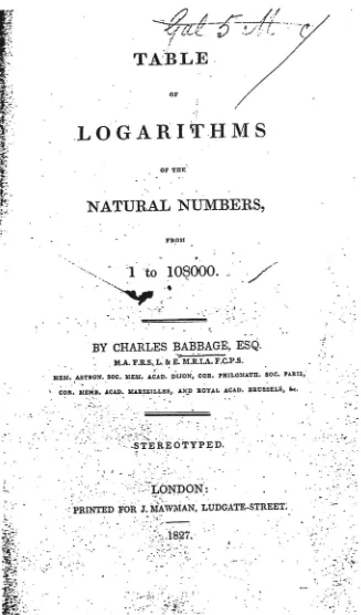 Figure 1 Title page of Babbage's Table of Logarithms (1827) 