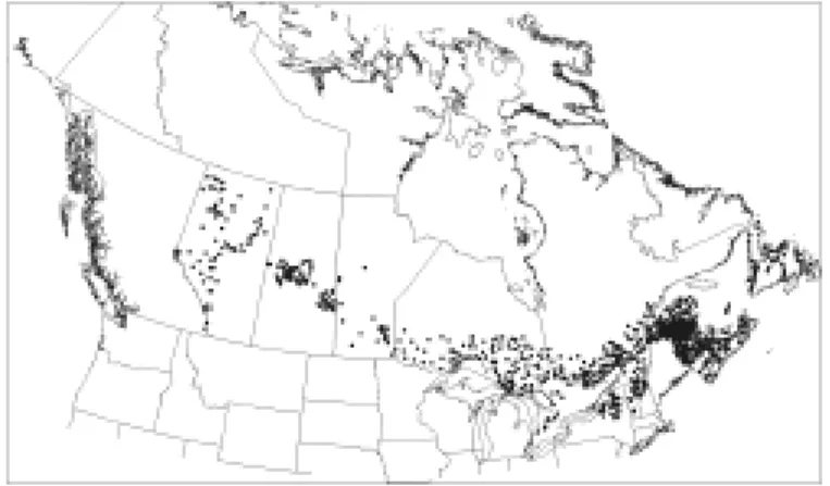 Figure 1. Distribution of pheromone-trap sampling locations for spruce budworm across North America in 1995.
