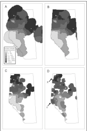 Figure 2. Estimated number of male moths of the spruce budworm captured in pheromone traps in Alberta in 1999; as interpolated using the kriging technique (A), limited to Alberta (B), limited to within 50 km of a sample location (C), and the estimated numb