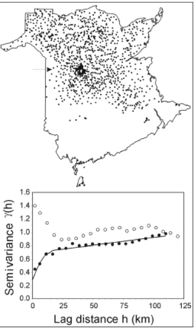 Figure 3. Distribution of sample locations for second-instar larvae of spruce budworm in New Brunswick and the corresponding variograms including (open circles) and excluding (closed  cir-cles) supplemental sample points (after Fleming et al