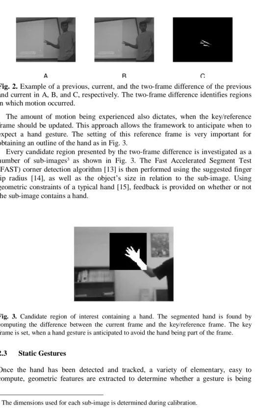 Fig. 2. Example of a previous, current, and the two-frame difference of the previous  and current in A, B, and C, respectively