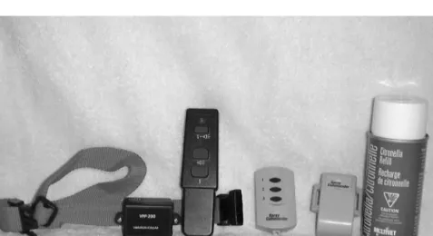Figure 5.8 Remote trainers: PetPager TM remote-activated vibration collar (left) and Spray Commander TM remote citronella spray collar (right).