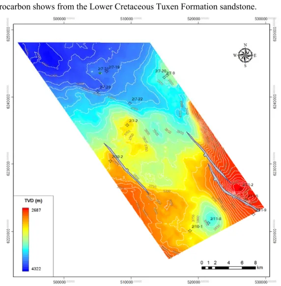 Figure 14. Depth-structure contour map of the base of Cretaceous chalk 
