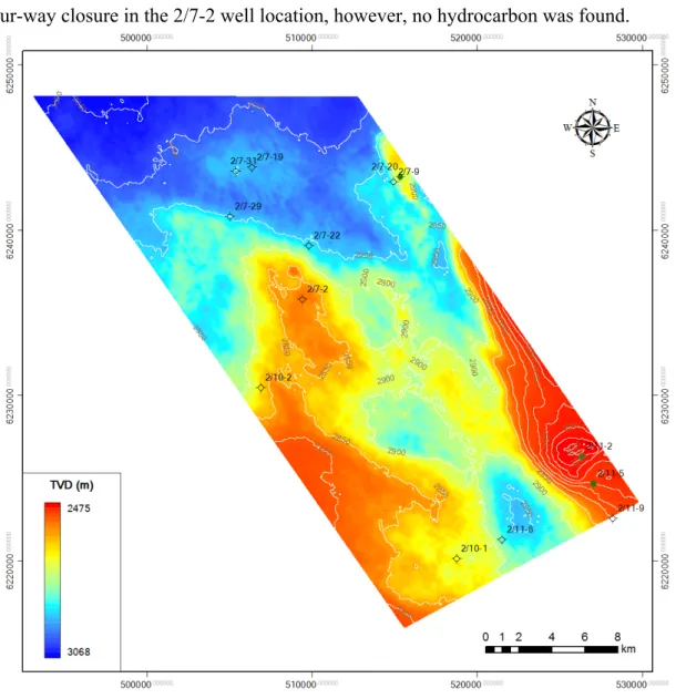 Figure 16. Depth-structure contour map of Top Balder Formation, Paleocene  The  top  of  Paleogene  has  a  186  m  of  relief  (1404-1590  m)  throughout  the  structure