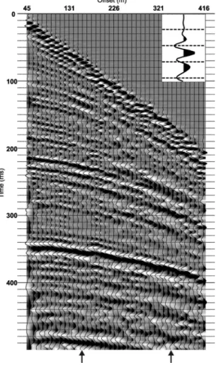 Figure 9. CMP supergather used in the QVO analysis. An enlarge- enlarge-ment of the reference wavelet is shown, and the offsets analyzed in Figure 10 are indicated by arrows