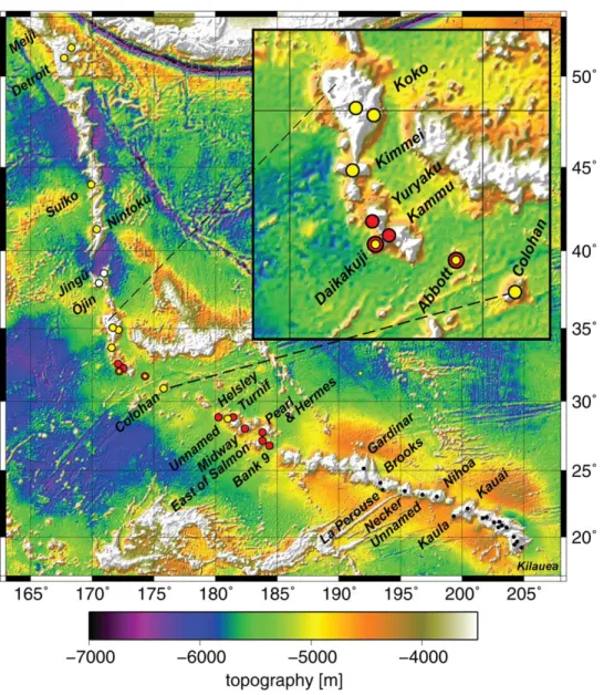 Figure 1. Topography map [Smith and Sandwell, 1997] of the Hawaiian-Emperor Seamount Chain created with GMT software [Wessel and Smith, 1991]