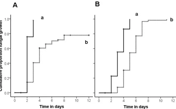 Fig. 5: Cumulative proportion of fungal growth on live spore exposed larvae (A) and pupae (B) int the  absence of workers (black line) and in the presence of workers during the first 24h after exposure  (dotted line)