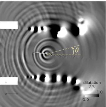 Figure 15. Acoustic waves shown by an instantaneous field of the dilatation field in a plane at mid-span of the airfoil.