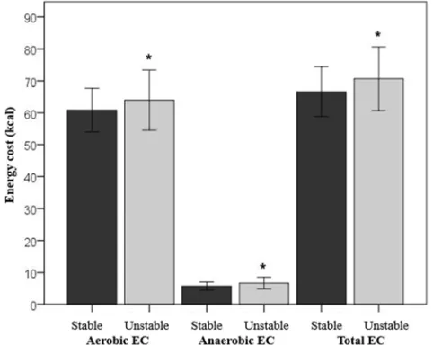 Figure 3. Mean and standard deviation of aerobic, anaerobic and total stable and unstable surfaces (n = 20)