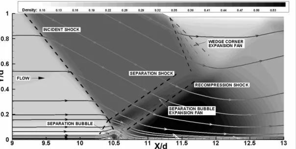 Figure 4. Calculated distribution of density on the windward side symmetry plane using the k-ε model 3M mesh