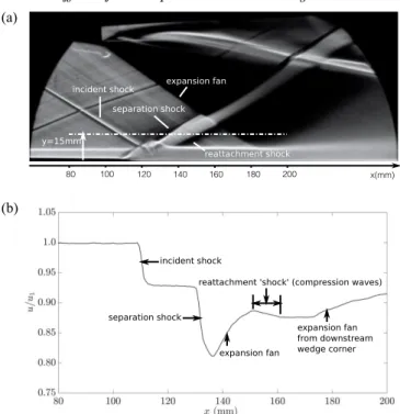 Figure 5. Flow structure of undisturbed baseline interaction presented by (a) schlieren photograph and (b) streamwise velocity at y = 15mm, z = 0mm.