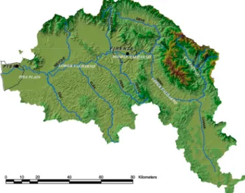 Figure 1 – Geography of the Arno River drainage basin.
