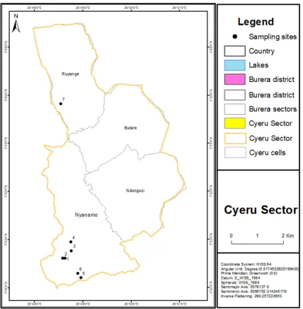 Figure 1. Key Map of the study area and localization of the soil samples in mine of Gifurwe