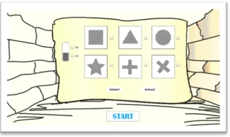 Figure 1. The cave experiment reflecting the problem solving task in the experiment Note: solution subtask 1: off, star, triangle, cross, button 1; solution subtask 2: off, square, plus, circle, button 1; solution subtask 3: every solution that contains a 