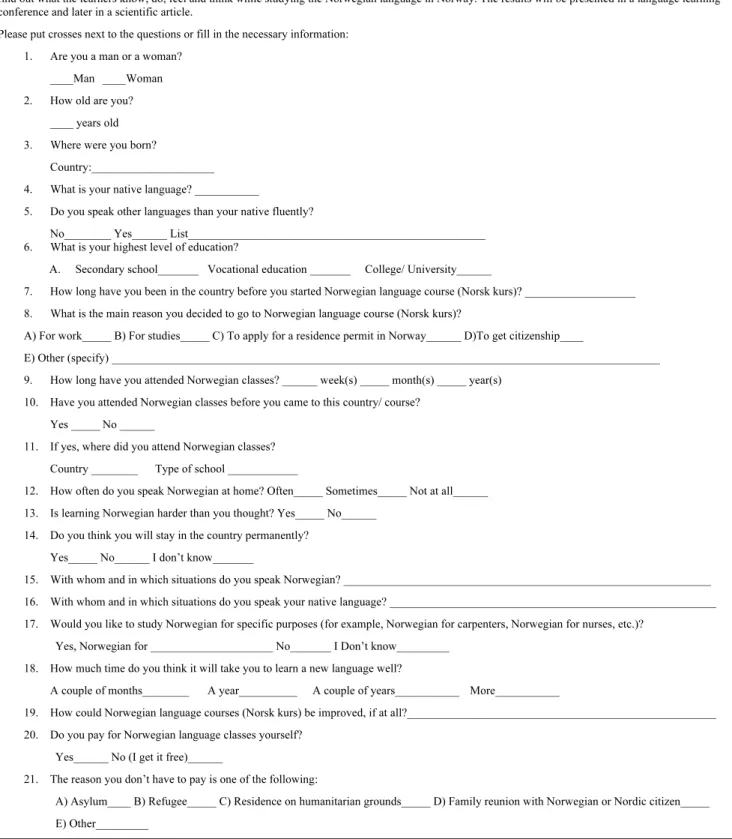 Table 2. Questionnaire Presented for the Participants of the Norwegian Language Courses