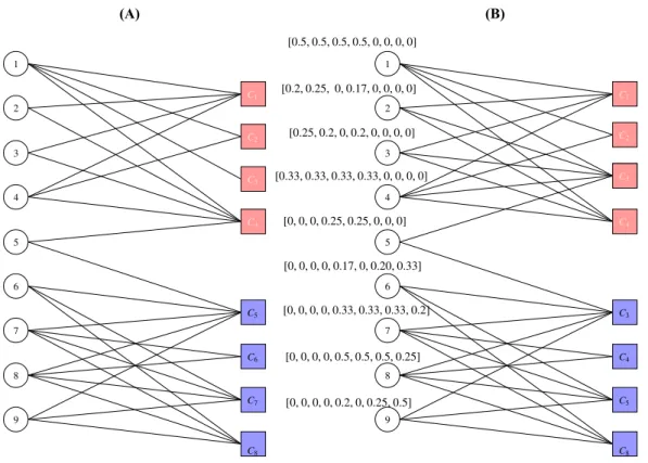 Figure 5.5: Relations between local context and topic feature extractions. The former method uses a bipartite graph in (A)