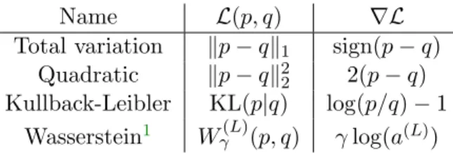Table 1: Examples of similarity criteria and their gradient in p. See Figure 14 for the atoms yielded by our method for these various fitting losses.