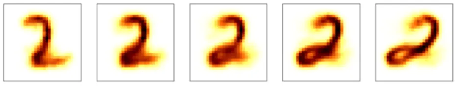 Figure 5: Span of our 2-atom dictionary for weights (1 − t, t), t ∈ {0, 1 4 , 1 2 , 3 4 , 1}, when trained on images of digit 2.