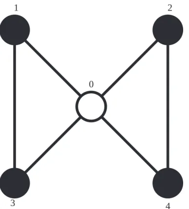 Fig 6. Orbit representative 44. The central vertex is marked and called vertex 0, to indicate that it cannot be interchanged with any other vertex.