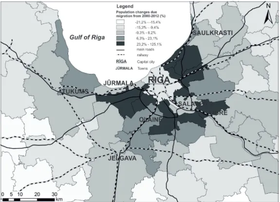 Figure 2. Population changes in municipalities of Riga agglomeration 2000−2012 Source: made by author according to data from CSB of Latvia
