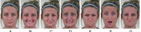 Figure 1: Sample images of a face showing different facial expressions  of emotion:  (A) Neutral, (B) Happy, (C) Sad, (D) Fear, (E) Anger, (F) Surprise, (G) Disgust 