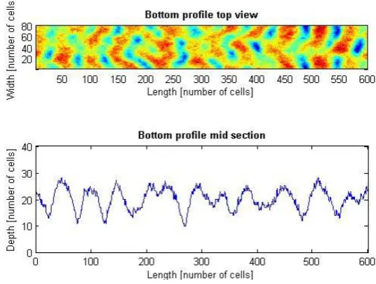 FIGURE 7: DUNE FIELD AND PROFILE AS PREDICTED BY THE CELLULAR AUTOMATON DUNE MODEL, FLOW DIRECTION FROM LEFT TO RIGHT 