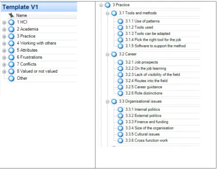 Figure 3-6: Unexpanded nodes, and sample of expanded NVivo nodes for Template V1 