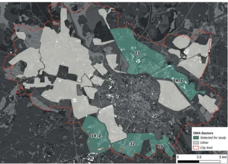 Figure 2. Map of DMA sectors. Sectors included in this study are marked with turquoise colour.