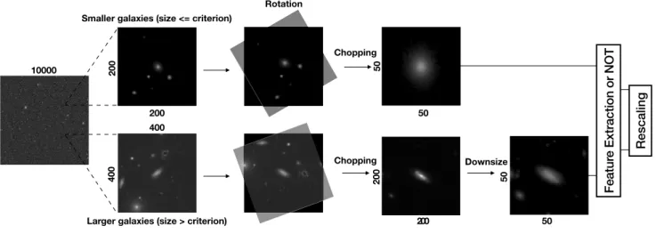 Figure 1. Pre-processing procedure pipeline. The pipeline starts from the initial coadd images, then we chop the coadd images into different sizes according to the size of galaxies