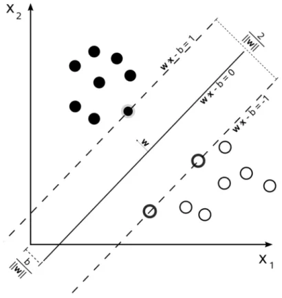 Figure 2.2: Optimal Margin Classifier for Binary Classification Problem The figure shows the maximum-margin hyperplane and margins for an SVM trained with