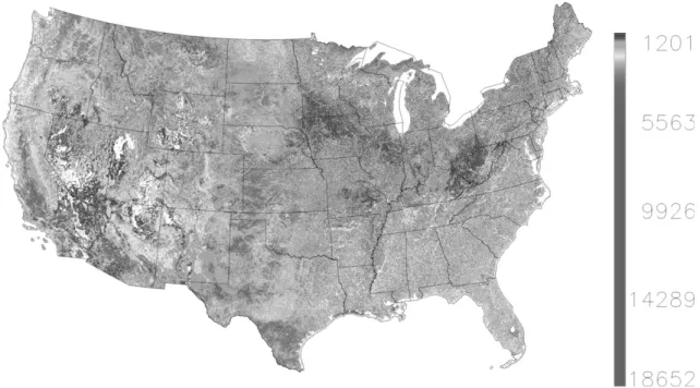 Figure 3: Maximum transition distance (scaled by 1000) over all year-to-year transitions from 2003–2009 for the CONUS.