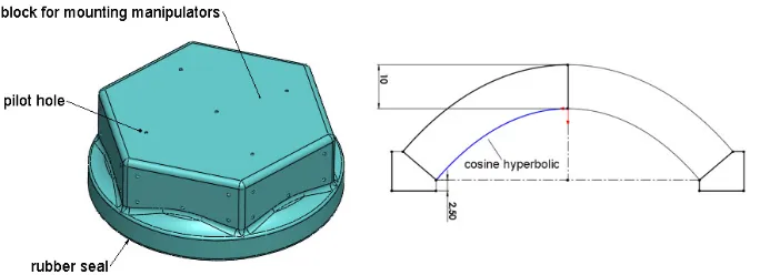 Figure 3.3: Model of vacuum cup. On the left: The complete vacuum device.On the right: cross section of the internal hyperbolic shape.Function: y(x) = 15ex/30 + 15e−x/30 with x from 0 to 30