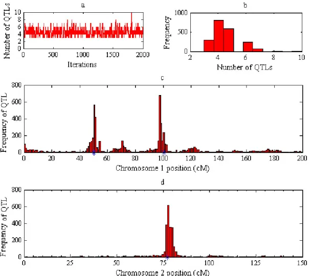 Figure 1.4 Posterior distributions of QTL parameters from Bayesian QTL mapping with  simulated data 