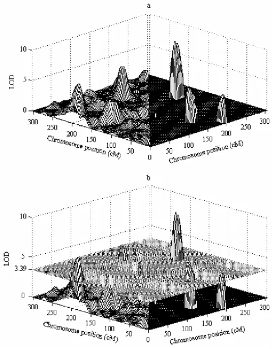 Figure 2.4  3D plots of LOD score of QTL epistasis analysis using 2D IM and shrinkIM.  