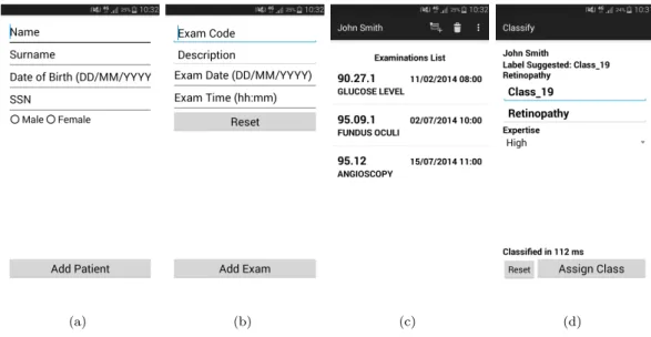 Figure 2.4: Mobile app: (a) patient registration, (b) insertion of a new examination done by the patient, (c) visualize patient examination history, (d) patient classification