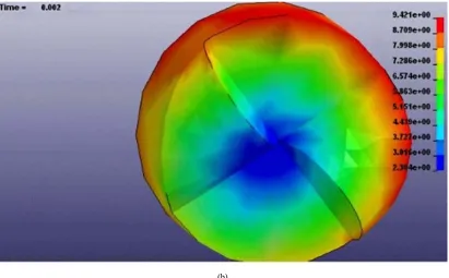 Figure 7. Displacement nephogram of PDC bitfor conventional drilling. (a) 0.001s, and (b) 0.002 s