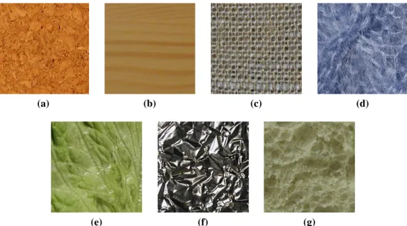 Figure 1.1: Examples of texture images from the kth-tips-2b database [22]. (a) cork, (b) wood, (c) linen, (d) wool, (e) lettuce, (f) aluminum foil and (g) white bread.