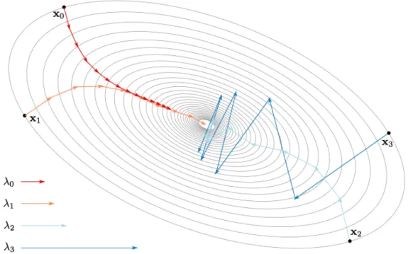 Figure 2.2: Trajectories of SGD with different initial learning rates. This figure illustrates the effect the step size has over the optimization process by showing the trajectory for η = λ i from equivalent starting points on a symmetric loss surface