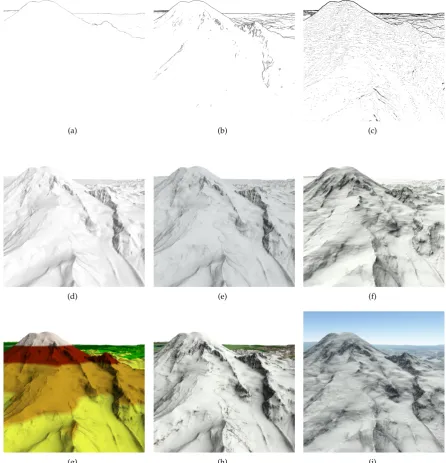 Figure 7. Parametrizing the terrain visualization. (a–c) Line drawings: (a) silhouettes, (b) enhancededges derived from terrain curvature, (c) enhanced edges derived from depth variation