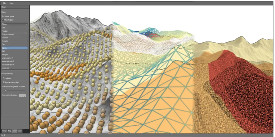 Figure 10.Interactively selecting different visual encodings for uncertainty.The graphical userinterface of PRIOVIS allows for choosing from different visualization techniques, e.g., circular glyphs(left), grid overlays (middle) and noise (right), and tuning their parameters via GUI control elements.