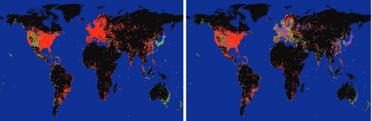 Figure 1: An example of cohesion loss and obscuration problem with dot graphs. We depict clients of DNS root servers [3] using colors to distinguish subgroups querying different servers