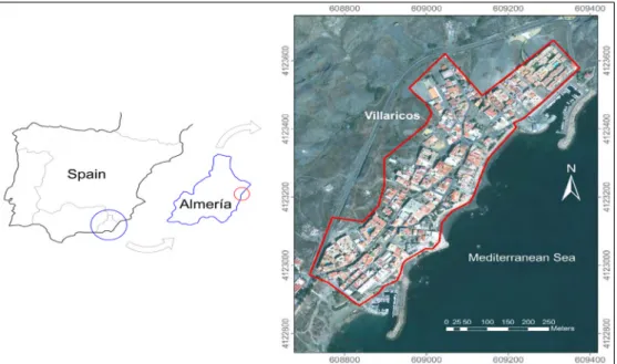 Figure 1 - Location of the study site. The working area has been delimited by the red polygon
