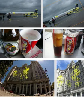 Figure 4. Matches (yellow ellipses) in the INRIA and Flickr5M datasets with the gravity vector assumption