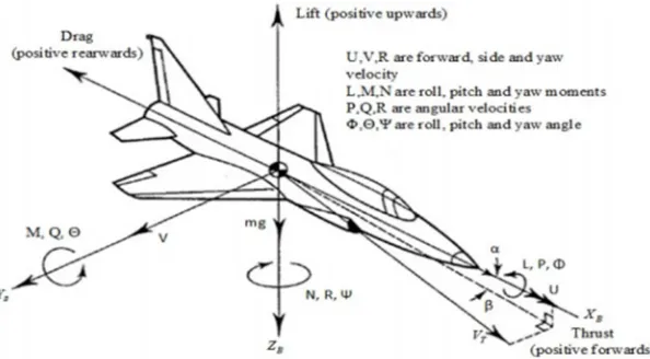 Figure 1. Moments, Euler angles and velocities of Aircraft. 