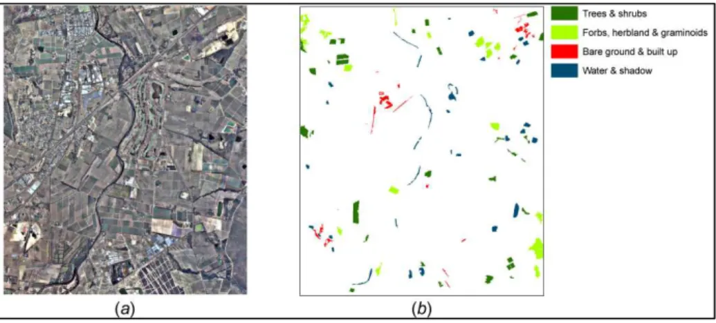 Figure  3.3: Aerial photograph of the study area (a) and the location of the selected land cover class samples (b)